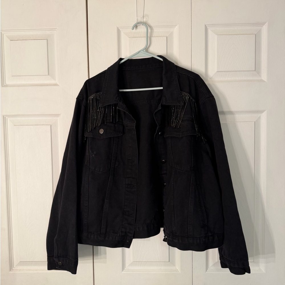 Black Denim Jacket with Beaded fringe Details